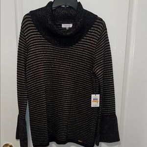 NWT Calvin Klein Women's Sweater with Black & Shimmer Gold Stripes. Beautiful!